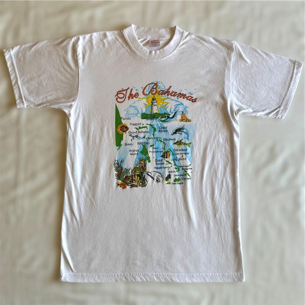 Vtg 90s Bahamas Graphic Tee White Short Sleeve Sz S Vacation Souvenir Streetwear